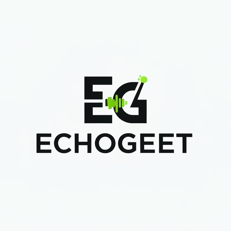 Professional logo design. Create a sleek, minimalist logo for "EchoGeet" with a sci-fi gaming twist. The logo should be an icon that combines the letters "E" and "G" in a creative, geometric way. The negative space could form the shape of a guitar or a sound wave. The color palette should be clean and simple, with a maximum of three colors, such as black, white, and a single, eye-catching accent color like neon green or bright orange. The font should be a clean, modern, and simple sans-serif that complements the logo's symmetry.