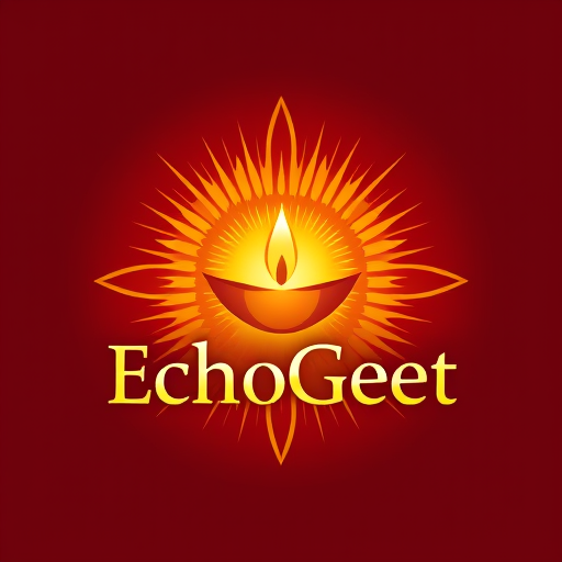 Professional logo design. Design a dynamic and powerful logo for "EchoGeet" that represents the energy of devotional music and chants. The logo should show a divine light or a powerful sound wave radiating outwards from a central point, which can be a sacred symbol like a lotus flower or a diya (lamp). The design should have a sense of movement and warmth. Use a rich and vibrant color palette with shades of bright gold, deep orange, and crimson. The font should be strong yet spiritual, conveying both power and peace.