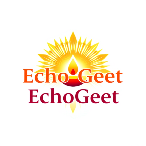 Professional logo design. Design a dynamic and powerful logo for "EchoGeet" that represents the energy of devotional music and chants. The logo should show a divine light or a powerful sound wave radiating outwards from a central point, which can be a sacred symbol like a lotus flower or a diya (lamp). The design should have a sense of movement and warmth. Use a rich and vibrant color palette with shades of bright gold, deep orange, and crimson. The font should be strong yet spiritual, conveying both power and peace.