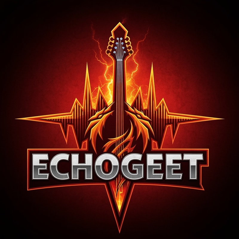 Professional logo design. Design a dynamic and energetic logo for "EchoGeet" with a mythical or elemental theme. The logo should feature a stylized guitar or sound wave that is also a roaring dragon or a bolt of lightning. The design should be powerful and bold, with sharp angles and a sense of movement. The color palette should be intense, using a combination of deep red, fiery orange, and metallic silver. The typography should be strong and impactful, with a slightly textured or aggressive feel.