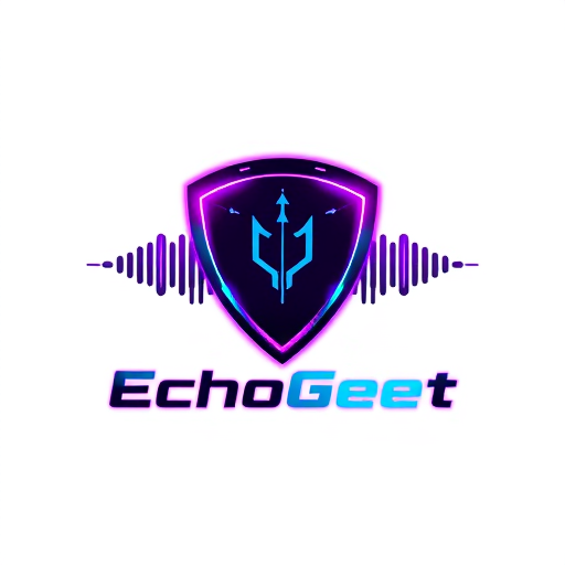 Professional logo design. Create a futuristic, cyberpunk-style logo for "EchoGeet." The logo should feature a stylized, sharp-edged guitar pick or headstock that is integrated with a digital sound wave, almost like a glitching signal. The design should have glowing, neon accents, with a primary color palette of deep purple, electric blue, and black. The font for "EchoGeet" should be a sleek, geometric, or futuristic-looking sans-serif font with a subtle technological feel.