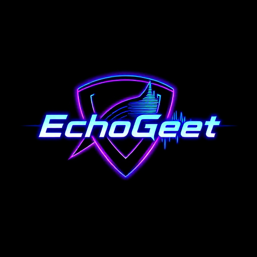 Professional logo design. Create a futuristic, cyberpunk-style logo for "EchoGeet." The logo should feature a stylized, sharp-edged guitar pick or headstock that is integrated with a digital sound wave, almost like a glitching signal. The design should have glowing, neon accents, with a primary color palette of deep purple, electric blue, and black. The font for "EchoGeet" should be a sleek, geometric, or futuristic-looking sans-serif font with a subtle technological feel.