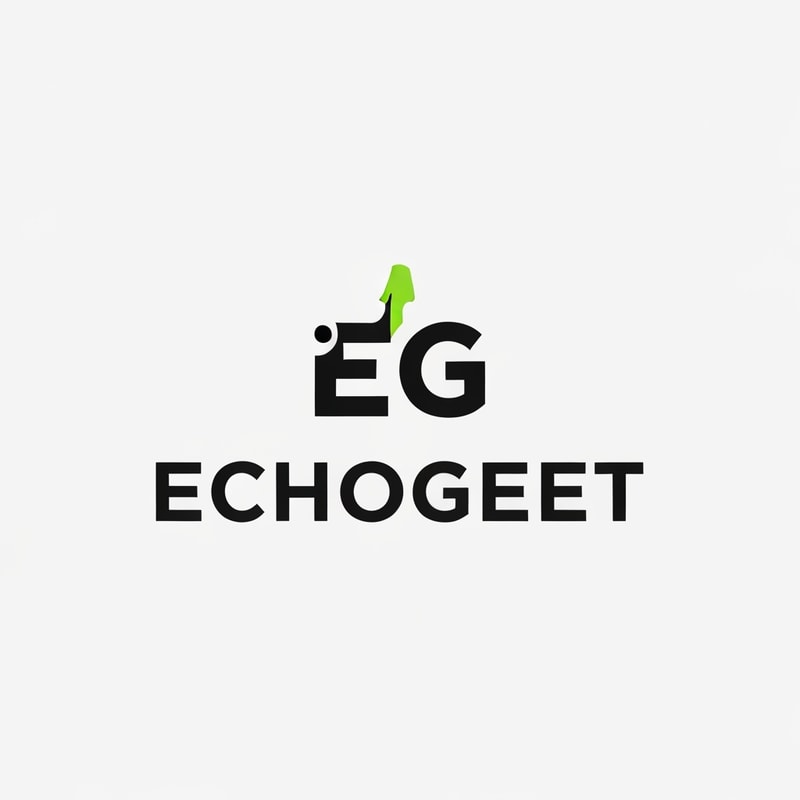 Professional logo design. Create a sleek, minimalist logo for "EchoGeet" with a sci-fi gaming twist. The logo should be an icon that combines the letters "E" and "G" in a creative, geometric way. The negative space could form the shape of a guitar or a sound wave. The color palette should be clean and simple, with a maximum of three colors, such as black, white, and a single, eye-catching accent color like neon green or bright orange. The font should be a clean, modern, and simple sans-serif that complements the logo's symmetry.
