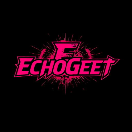 Professional logo design. Craft a bold and energetic logo for "EchoGeet," a brand specializing in rock and electronic music production. The logo should feel powerful and dynamic. Consider a visual that shows a sound wave or an "E" exploding or bursting with energy. The design should be strong and sharp. The color palette should be striking, such as a deep red and black or neon pink and electric blue. The font should be a strong, bold typeface, possibly with a slightly distorted or grunge effect.