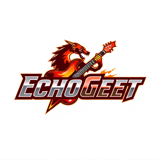 Professional logo design. Design a dynamic and energetic logo for "EchoGeet" with a mythical or elemental theme. The logo should feature a stylized guitar or sound wave that is also a roaring dragon or a bolt of lightning. The design should be powerful and bold, with sharp angles and a sense of movement. The color palette should be intense, using a combination of deep red, fiery orange, and metallic silver. The typography should be strong and impactful, with a slightly textured or aggressive feel.
