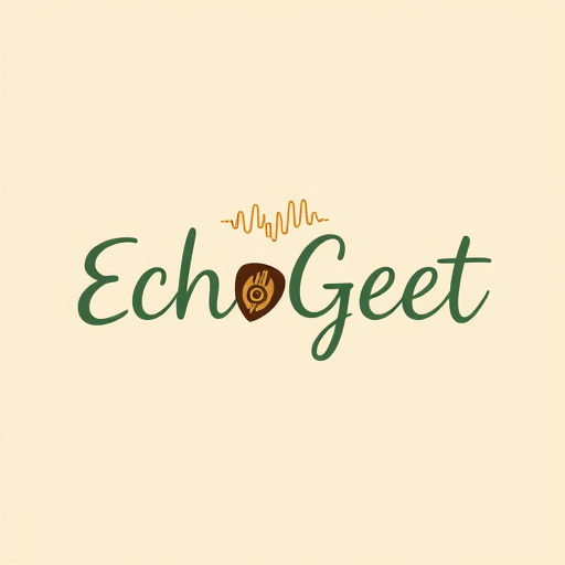 Professional logo design. Design a creative, artistic logo for "EchoGeet," a brand focused on acoustic and indie music. The logo should incorporate hand-drawn or organic elements. Imagine a sound wave flowing out from a subtle, integrated guitar pick or the shape of a fretboard. The lines should be fluid and dynamic. The color palette can be earthy and warm, using shades of brown, gold, or deep green. The typography should be a custom, slightly handwritten or unique serif font to give it a personal feel.