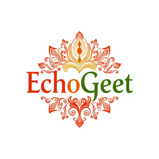 Professional logo design. Craft a traditional, folk-style logo for "EchoGeet" that celebrates the cultural roots of devotional music. The logo should have an intricate, hand-drawn feel, perhaps resembling traditional Indian folk art like Madhubani or Kalamkari. It should depict a stylized Peacock feather (associated with Krishna) or a Damaru (drum of Lord Shiva) that seamlessly blends with musical notes or a sound wave. The colors should be earthy and rich, such as deep reds, mustard yellow, and forest green. The typography should be a custom, decorative font that reflects the artistry and tradition of the design.