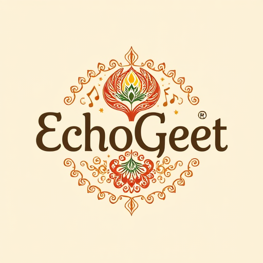 Professional logo design. Craft a traditional, folk-style logo for "EchoGeet" that celebrates the cultural roots of devotional music. The logo should have an intricate, hand-drawn feel, perhaps resembling traditional Indian folk art like Madhubani or Kalamkari. It should depict a stylized Peacock feather (associated with Krishna) or a Damaru (drum of Lord Shiva) that seamlessly blends with musical notes or a sound wave. The colors should be earthy and rich, such as deep reds, mustard yellow, and forest green. The typography should be a custom, decorative font that reflects the artistry and tradition of the design.
