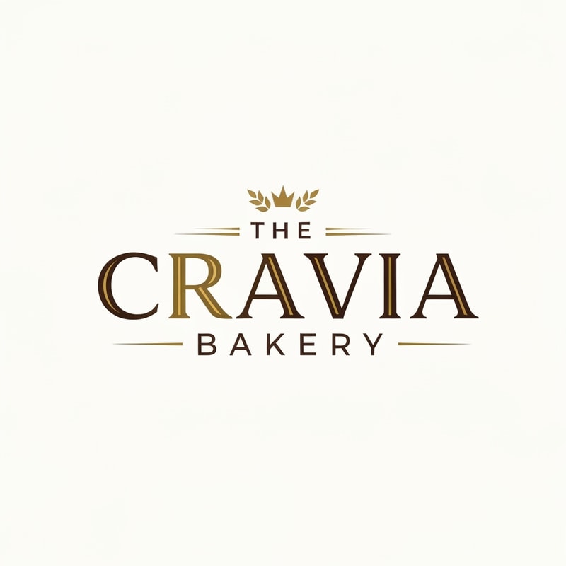 Professional logo design. Logo design for "The Cravia Bakery", in a luxurious and premium style. Use elegant serif typography with golden and chocolate tones. Add a minimal wheat or crown element above the text, symbolizing richness and craftsmanship. Clean vector, suitable for website branding, modern and timeless.