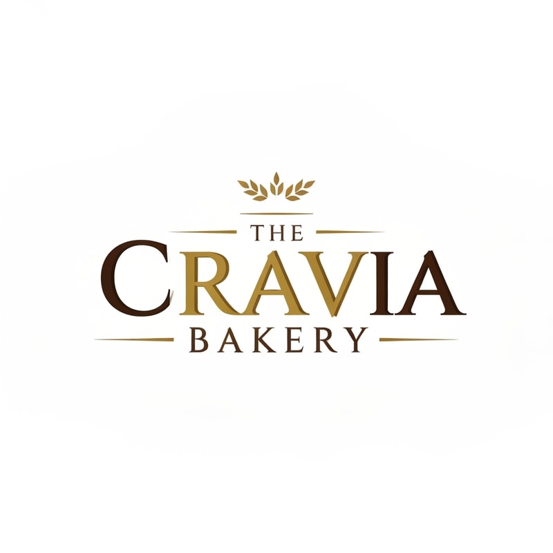 Professional logo design. Logo design for "The Cravia Bakery", in a luxurious and premium style. Use elegant serif typography with golden and chocolate tones. Add a minimal wheat or crown element above the text, symbolizing richness and craftsmanship. Clean vector, suitable for website branding, modern and timeless.