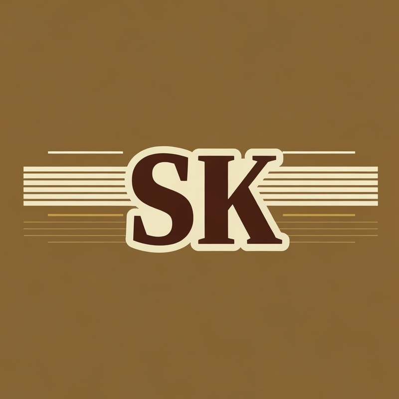 Create a vintage-film inspired logo with SK in bold, classic typography. Use muted color palette—deep brown, gold, and cream. Add thin horizontal lines like retro movie studio logos.