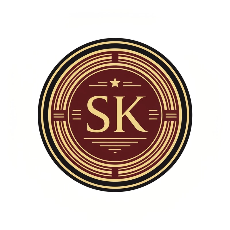 Create a classic emblem-style logo featuring SK inside a circular badge. Use colors like maroon, gold, and black. Include thin lines, film reel outlines or a small star for a vintage film studio look.