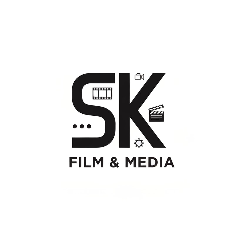 Design a clean and modern 2D logo for SK Film & Media. Use a bold, minimal monogram of the letters S and K with smooth geometric shapes. Include subtle 2D film elements like a flat film strip, clapboard icon, or camera lens outline. Style should be simple, flat, and professional—no 3D effects. Use strong contrast, sharp lines, and a balanced layout. Keep the overall look cinematic, creative, and suitable for a media production brand. High-resolution vector-style artwork.