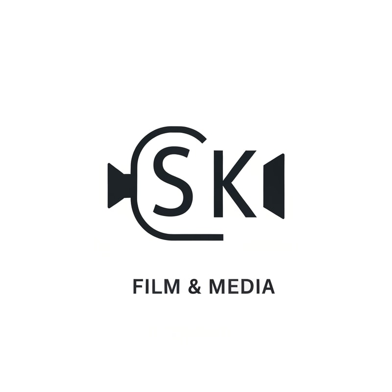 Create a 2D minimalist logo for SK Film & Media using clever negative space. Blend the letters S and K inside a film camera silhouette or inside a reel shape. Clean lines, flat colors, simple cinematic feel, modern and iconic.