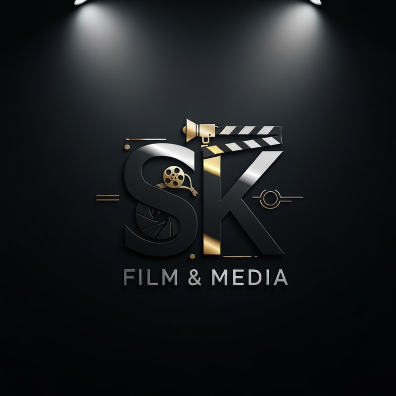 Create a premium, cinematic logo for SK Film & Media. The design should feel modern, bold, and film-studio inspired. Use a sleek monogram of the letters S and K, blended creatively with elements of filmmaking such as a film reel, camera lens, spotlight, or clapboard. Style should be minimal yet powerful, with sharp edges and clean symmetry. Add subtle metallic effects (gold/black or silver/black) for a high-end production-house feel. The background is dark and dramatic, with the logo glowing slightly with soft rim light. Ultra-HD, professional studio branding.