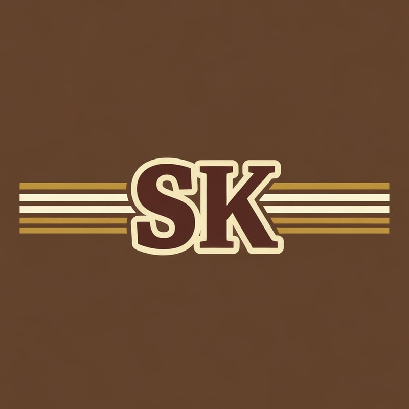 Create a vintage-film inspired logo with SK in bold, classic typography. Use muted color palette—deep brown, gold, and cream. Add thin horizontal lines like retro movie studio logos.