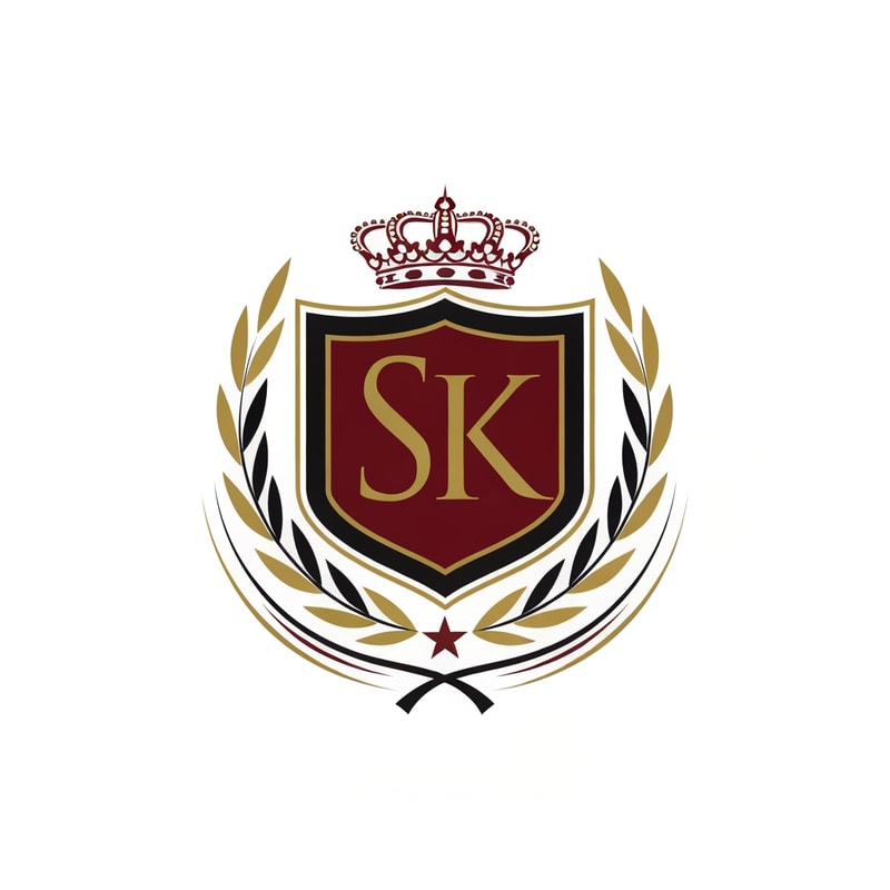 Design a classic crest-style logo combining SK with symbolic elements like laurel, film reel, or a star. Use royal colors (gold, black, deep red). Professional, timeless, cinematic identity