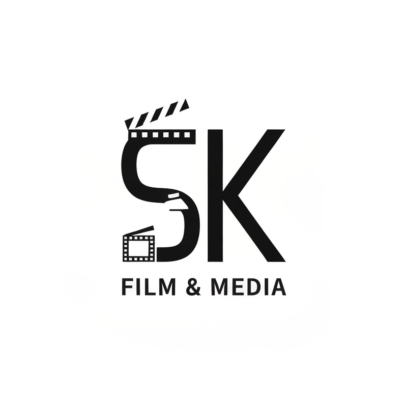 Design a clean and modern 2D logo for SK Film & Media. Use a bold, minimal monogram of the letters S and K with smooth geometric shapes. Include subtle 2D film elements like a flat film strip, clapboard icon, or camera lens outline. Style should be simple, flat, and professional—no 3D effects. Use strong contrast, sharp lines, and a balanced layout. Keep the overall look cinematic, creative, and suitable for a media production brand. High-resolution vector-style artwork.