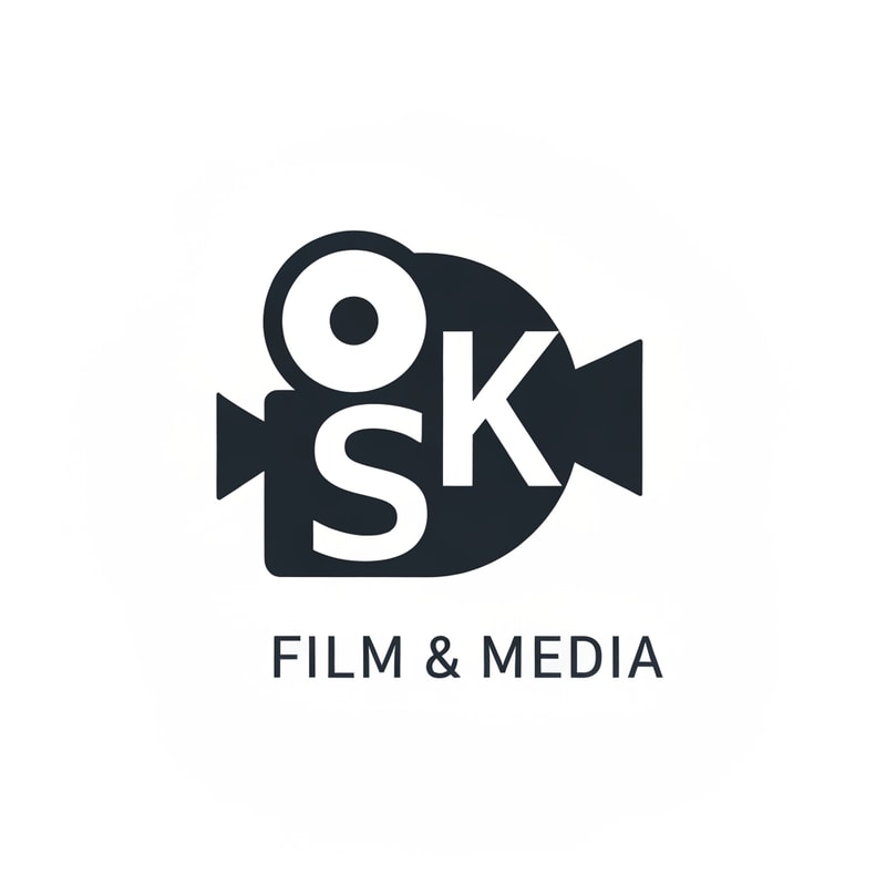 Create a 2D minimalist logo for SK Film & Media using clever negative space. Blend the letters S and K inside a film camera silhouette or inside a reel shape. Clean lines, flat colors, simple cinematic feel, modern and iconic.