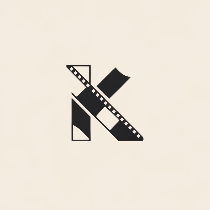 Create a 2D retro-modern logo where the letter K overlaps a flat film strip going diagonally. Clean, minimal shapes, sharp silhouette. Flat vector design suitable for branding.
