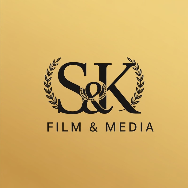 Create an elegant classic logo for SK Film & Media using premium gold and matte black. The letters S and K styled in a timeless serif or clean modern font. Add subtle classic film touches like a thin gold film reel ring or laurel leaves. Vintage studio vibe, classy, cinematic, and luxurious.