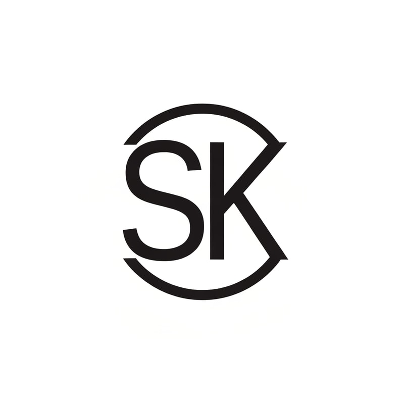Create a 2D flat logo combining the letters S and K with a simple circular camera lens outline. Keep the design smooth, minimal, and bold. No gradients, only clean vector lines. Modern film studio vibe.