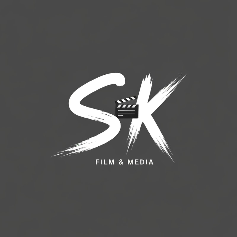 Draw a 2D creative logo for SK Film & Media using brush-stroke-style typography for S and K, with a small flat movie reel or clapboard icon blended in. Artistic, expressive, and unique