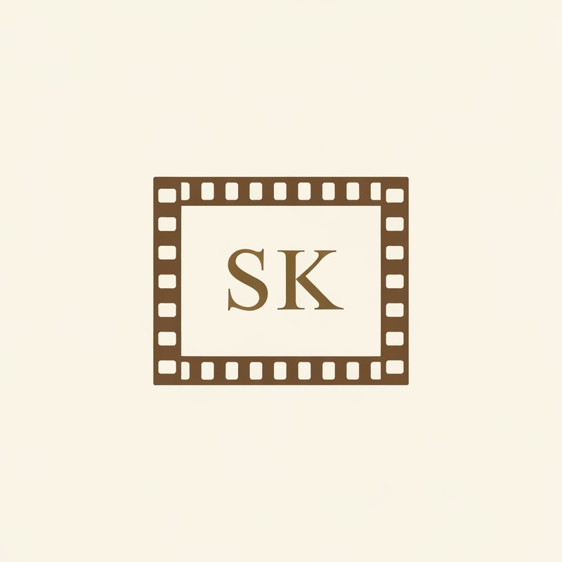 Design a classic logo where SK sits inside a traditional film frame border. Use subtle warm colors like antique gold, bronze, and cream. Clean, classy, old-school cinema vibe