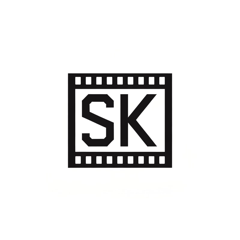Design a 2D logo where SK forms the inner shapes of a film frame box. Use geometric, sharp letters integrated within a rectangular movie frame. Flat style, black & white contrast, modern and cinematic.