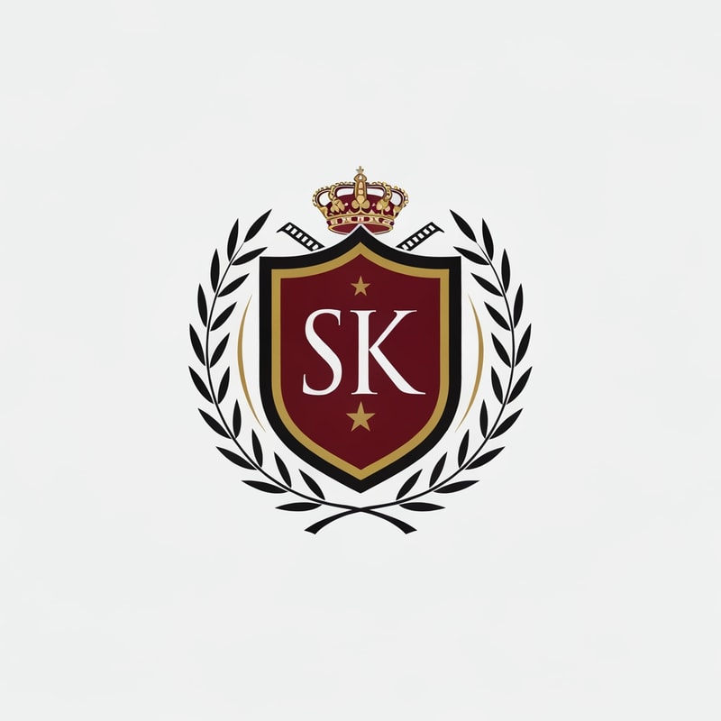 Design a classic crest-style logo combining SK with symbolic elements like laurel, film reel, or a star. Use royal colors (gold, black, deep red). Professional, timeless, cinematic identity