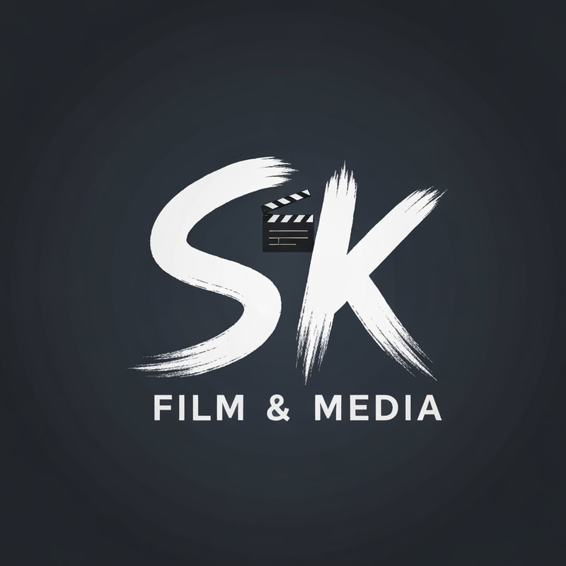 Draw a 2D creative logo for SK Film & Media using brush-stroke-style typography for S and K, with a small flat movie reel or clapboard icon blended in. Artistic, expressive, and unique