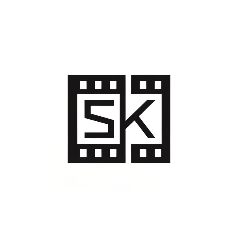 Design a 2D logo where SK forms the inner shapes of a film frame box. Use geometric, sharp letters integrated within a rectangular movie frame. Flat style, black & white contrast, modern and cinematic.