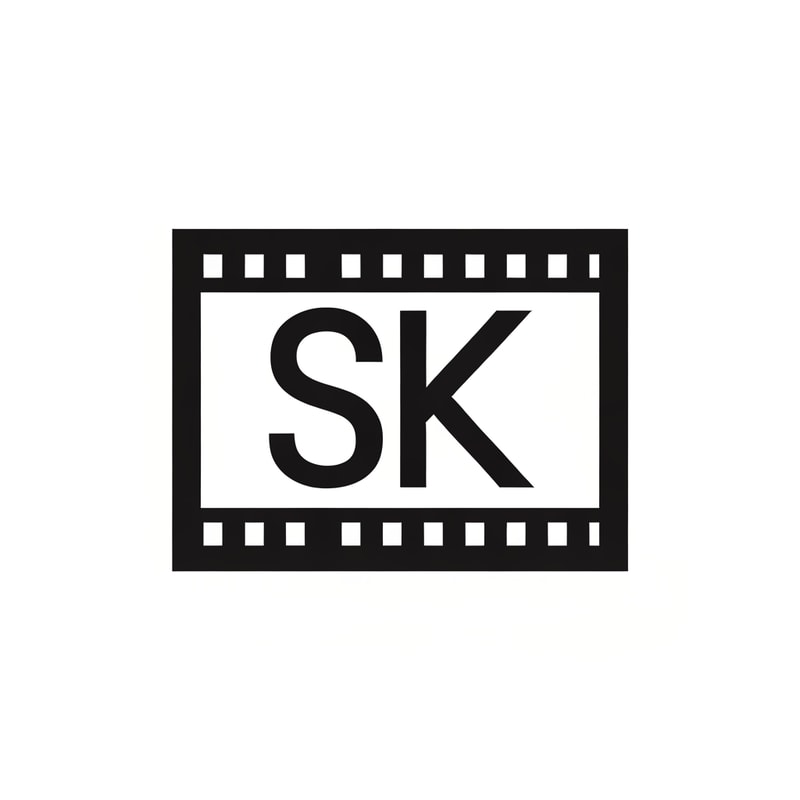 Design a 2D logo where SK forms the inner shapes of a film frame box. Use geometric, sharp letters integrated within a rectangular movie frame. Flat style, black & white contrast, modern and cinematic.
