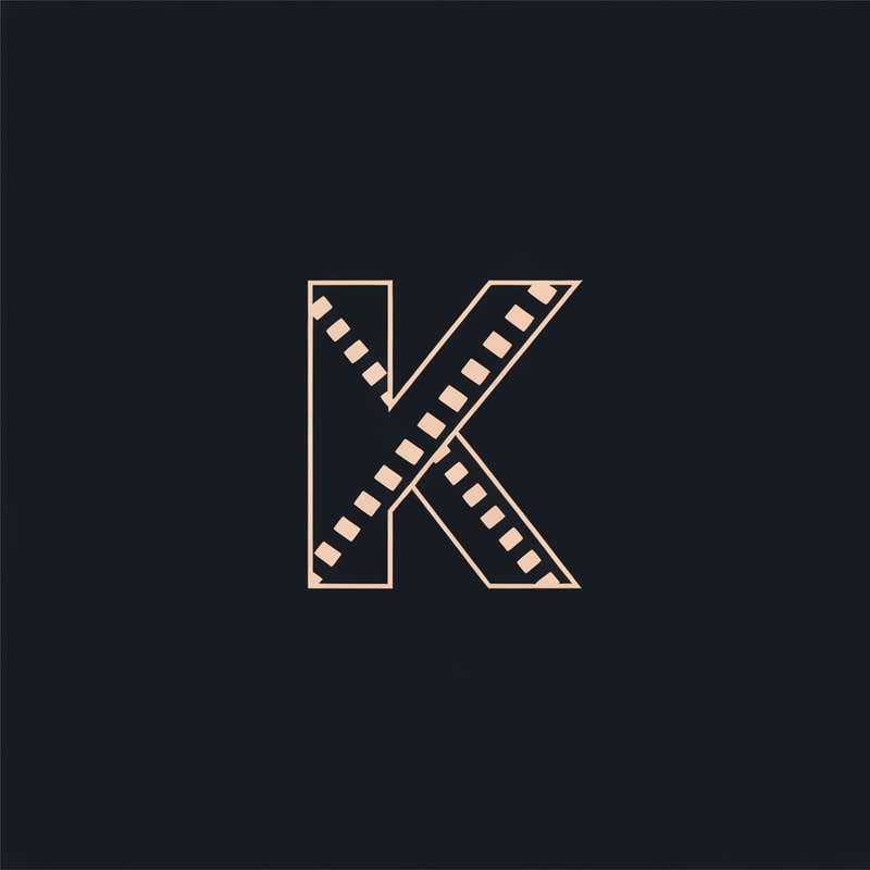 Create a 2D retro-modern logo where the letter K overlaps a flat film strip going diagonally. Clean, minimal shapes, sharp silhouette. Flat vector design suitable for branding.