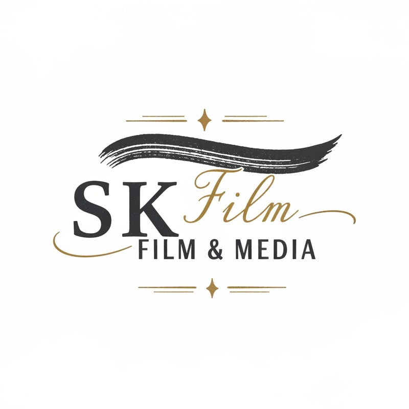 Design a hand-inked classic logo for SK Film & Media with clean strokes and vintage calligraphy touches. Use subtle colors like gold and charcoal. Elegant, timeless, creative
