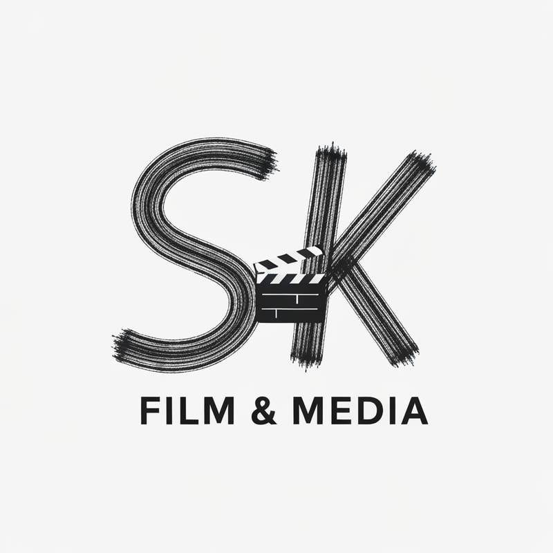 Draw a 2D creative logo for SK Film & Media using brush-stroke-style typography for S and K, with a small flat movie reel or clapboard icon blended in. Artistic, expressive, and unique