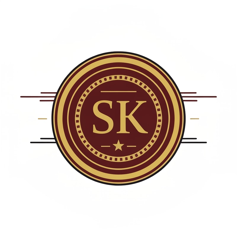Create a classic emblem-style logo featuring SK inside a circular badge. Use colors like maroon, gold, and black. Include thin lines, film reel outlines or a small star for a vintage film studio look.