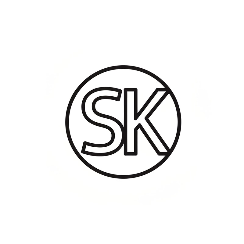 Create a 2D flat logo combining the letters S and K with a simple circular camera lens outline. Keep the design smooth, minimal, and bold. No gradients, only clean vector lines. Modern film studio vibe.