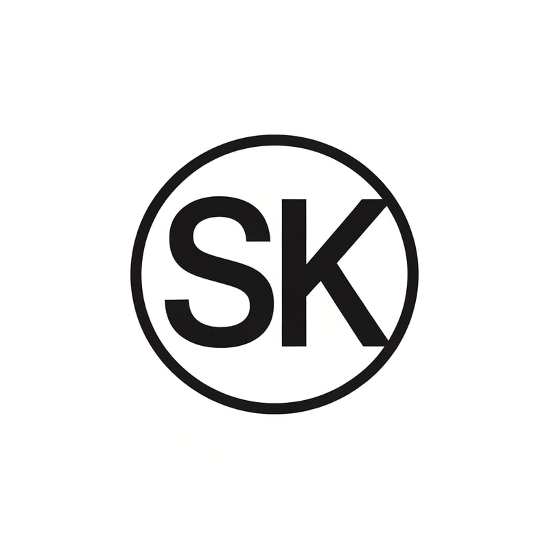 Create a 2D flat logo combining the letters S and K with a simple circular camera lens outline. Keep the design smooth, minimal, and bold. No gradients, only clean vector lines. Modern film studio vibe.