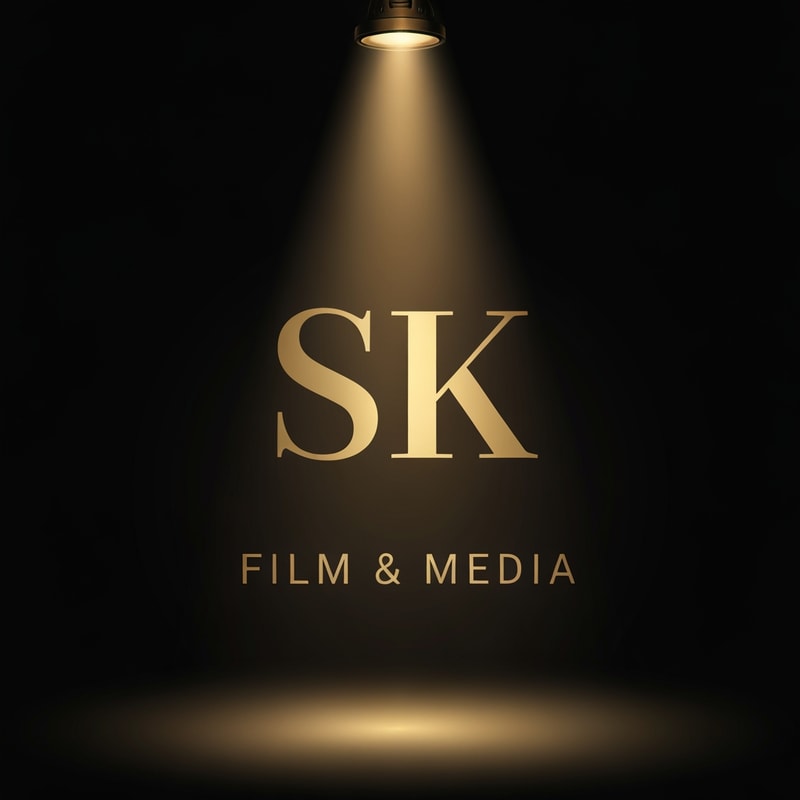 Create a classic-style logo for SK Film & Media where a soft golden spotlight illuminates the letters SK. Dark background, warm gold highlights, subtle depth, vintage theater feel