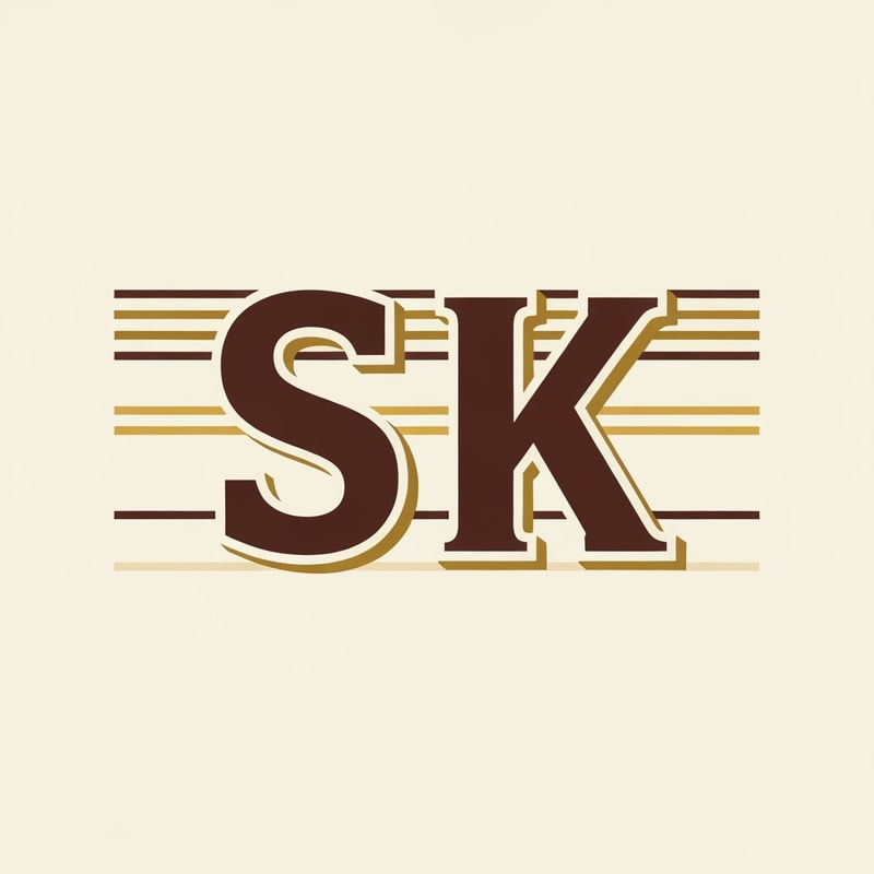 Create a vintage-film inspired logo with SK in bold, classic typography. Use muted color palette—deep brown, gold, and cream. Add thin horizontal lines like retro movie studio logos.