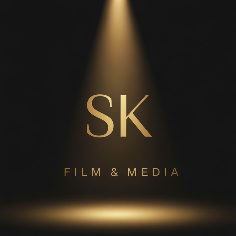 Create a classic-style logo for SK Film & Media where a soft golden spotlight illuminates the letters SK. Dark background, warm gold highlights, subtle depth, vintage theater feel