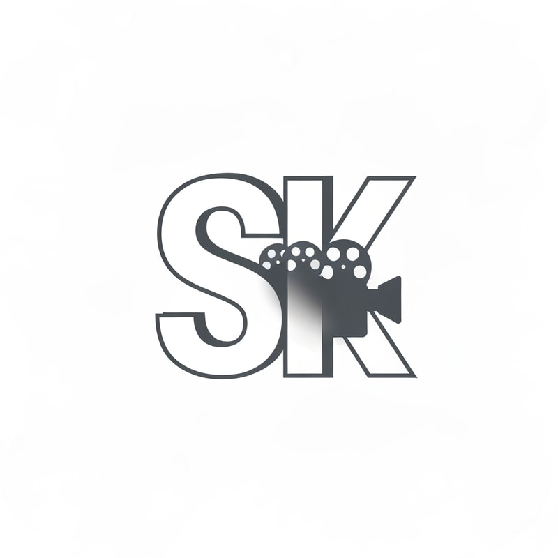 Design a 2D logo where the letters SK appear as clean flat shapes, but their shadow forms a hidden film camera or reel silhouette. Minimal, clever, flat, and symbolic.
