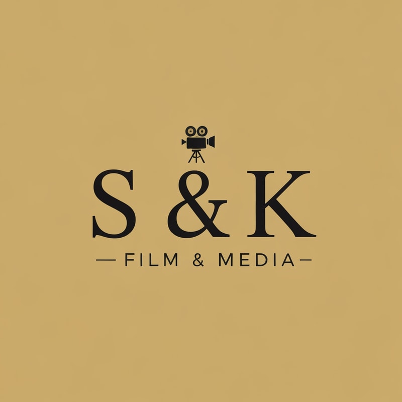 Create a classic logo for SK Film & Media featuring a small elegant film camera icon in premium gold. The letters S and K in a refined serif or clean classic font, paired with a subtle gold-black color scheme. Vintage Hollywood feel, sophisticated and timeless