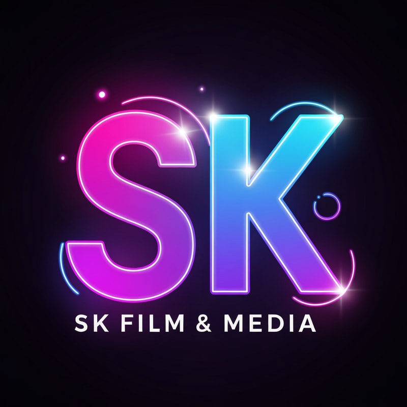 Create a vibrant logo for SK Film & Media using neon gradients (pink, blue, and purple). The letters S and K are glowing like movie studio lights with soft highlights. Add subtle film elements like a glowing reel or lens ring. Modern, colorful, cinematic energy.