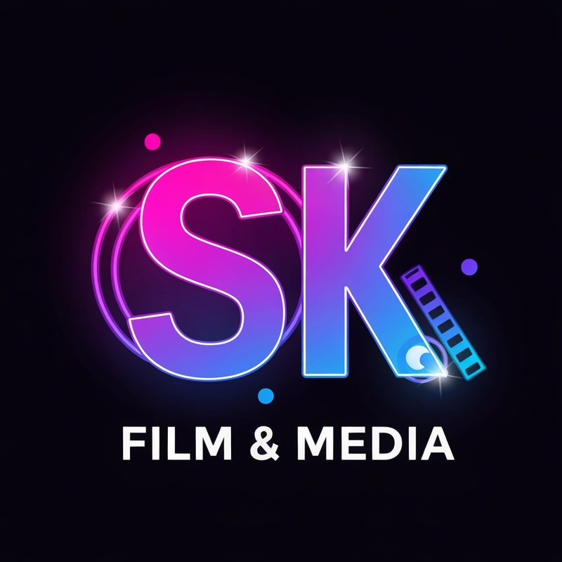 Create a vibrant logo for SK Film & Media using neon gradients (pink, blue, and purple). The letters S and K are glowing like movie studio lights with soft highlights. Add subtle film elements like a glowing reel or lens ring. Modern, colorful, cinematic energy.