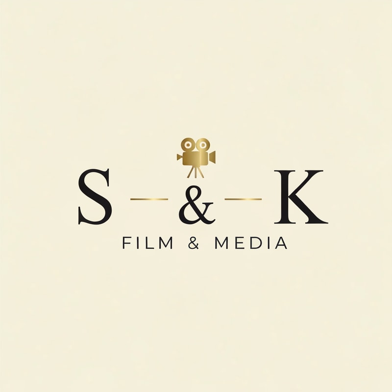 Create a classic logo for SK Film & Media featuring a small elegant film camera icon in premium gold. The letters S and K in a refined serif or clean classic font, paired with a subtle gold-black color scheme. Vintage Hollywood feel, sophisticated and timeless