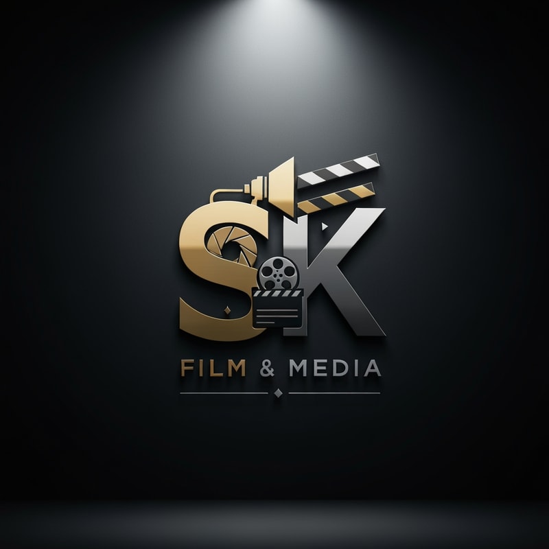 Create a premium, cinematic logo for SK Film & Media. The design should feel modern, bold, and film-studio inspired. Use a sleek monogram of the letters S and K, blended creatively with elements of filmmaking such as a film reel, camera lens, spotlight, or clapboard. Style should be minimal yet powerful, with sharp edges and clean symmetry. Add subtle metallic effects (gold/black or silver/black) for a high-end production-house feel. The background is dark and dramatic, with the logo glowing slightly with soft rim light. Ultra-HD, professional studio branding.