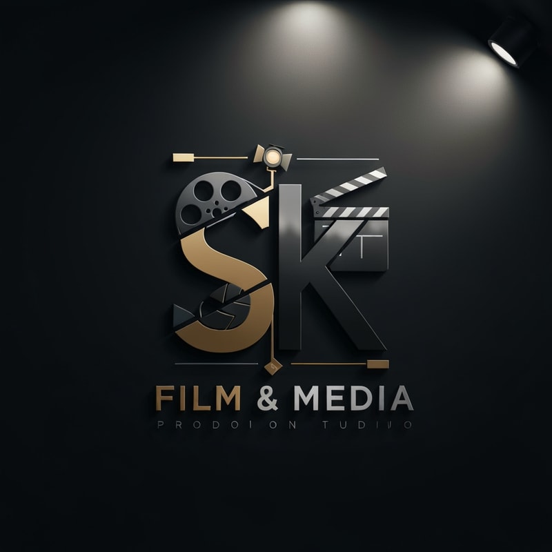 Create a premium, cinematic logo for SK Film & Media. The design should feel modern, bold, and film-studio inspired. Use a sleek monogram of the letters S and K, blended creatively with elements of filmmaking such as a film reel, camera lens, spotlight, or clapboard. Style should be minimal yet powerful, with sharp edges and clean symmetry. Add subtle metallic effects (gold/black or silver/black) for a high-end production-house feel. The background is dark and dramatic, with the logo glowing slightly with soft rim light. Ultra-HD, professional studio branding.