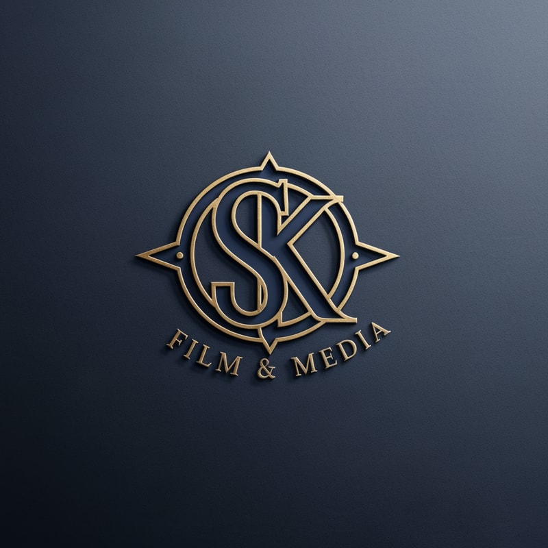 Design a classic monogram logo for SK Film & Media with intertwined S and K in a refined style. Use deep navy blue with gold accents. Slight texture, minimal lighting, old-Hollywood elegance.